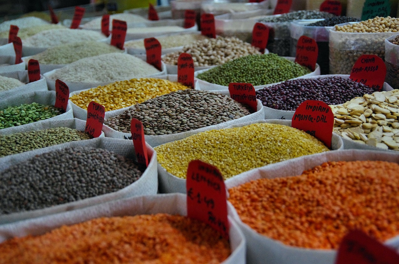 Different grain varieties at local food market.