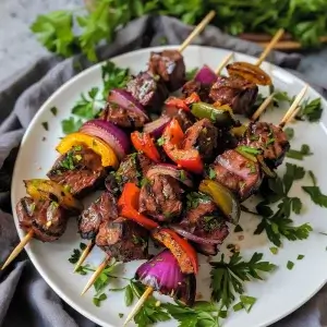 Grilled Beef Skewers with Bell Peppers and Onions