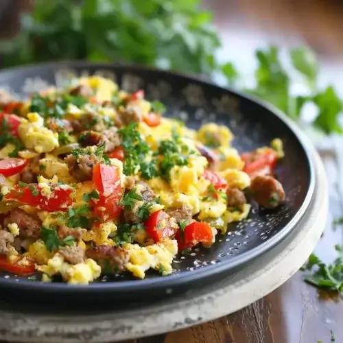 Sausage and Bell Pepper Egg Scramble