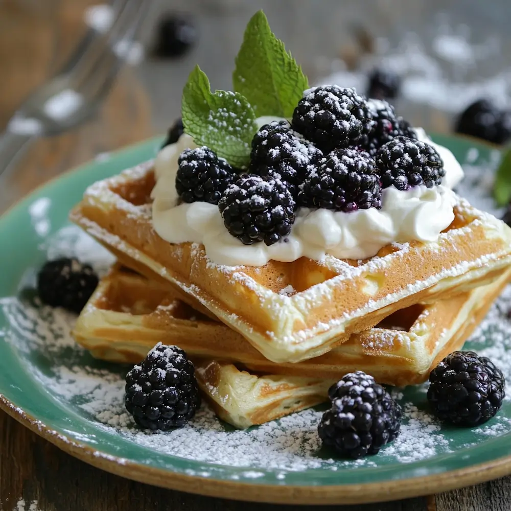 Belgian Waffles With Blackberries and Cream