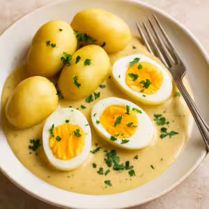 Boiled eggs in creamy mustard sauce served with baby potatoes and garnished with fresh parsley on a ceramic plate with a fork.
