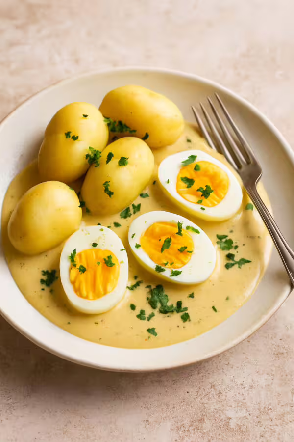 Boiled eggs in creamy mustard sauce served with baby potatoes and garnished with fresh parsley on a ceramic plate with a fork.