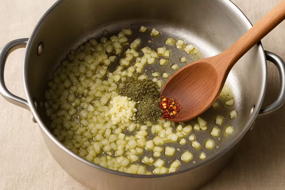 Minced garlic, dried herbs, and red pepper flakes added to sautéed onions in a pot during step two of Pasta Fagioli recipe preparation