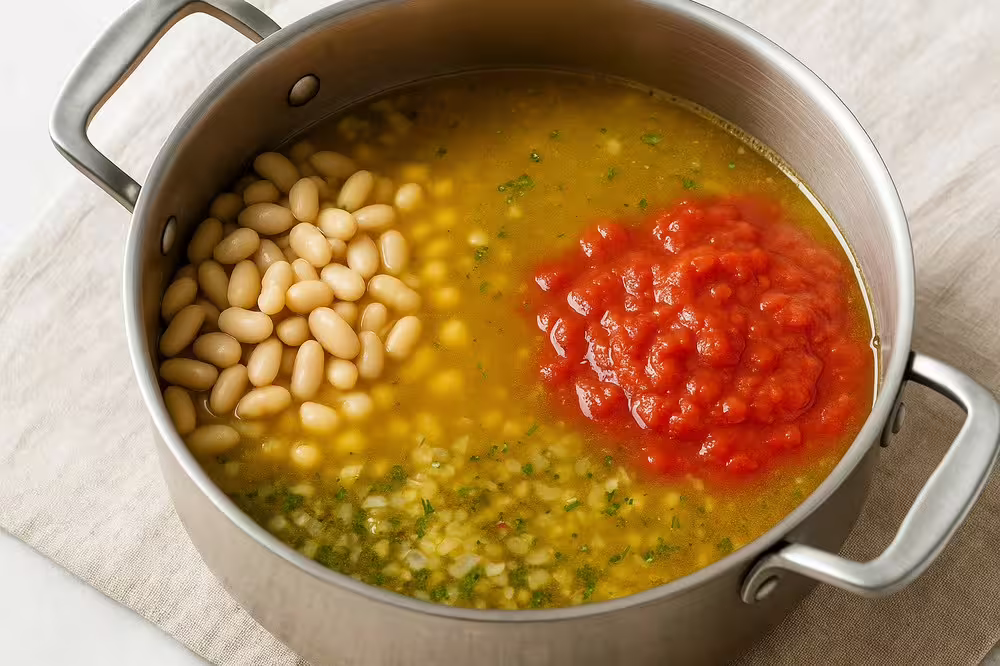 Cannellini beans, chicken broth, and crushed tomatoes added to the pot during step three of Pasta Fagioli preparation